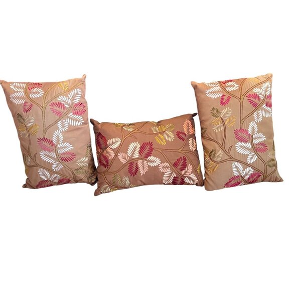 Pier 1 Pillows Embroidered Leaf Lumbar Set of 3 Couch Rectangular Brown Zipper - Picture 3 of 11
